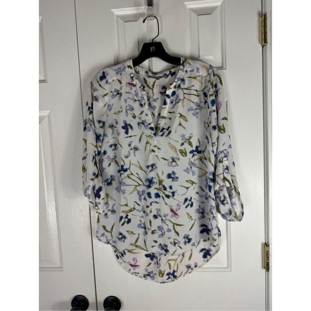 Daniel Rainn Womens White Floral Split Neck 3/4 Roll Tab Sleeve Blouse Size Smal